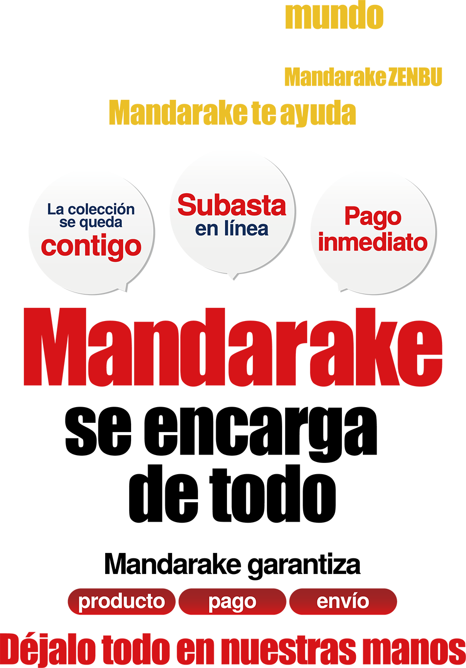 De tu hogar al mundo. ¿Quieres poner tu colección en el catálogo global de otaku MANDARAKE ZENBU? La colección se queda contigo, Subasta en línea, Pago inmediato. Mandarake se encarga de todo esto. Mandarake garantiza producto, pago y envío. Déjalo todo en nuestras manos.